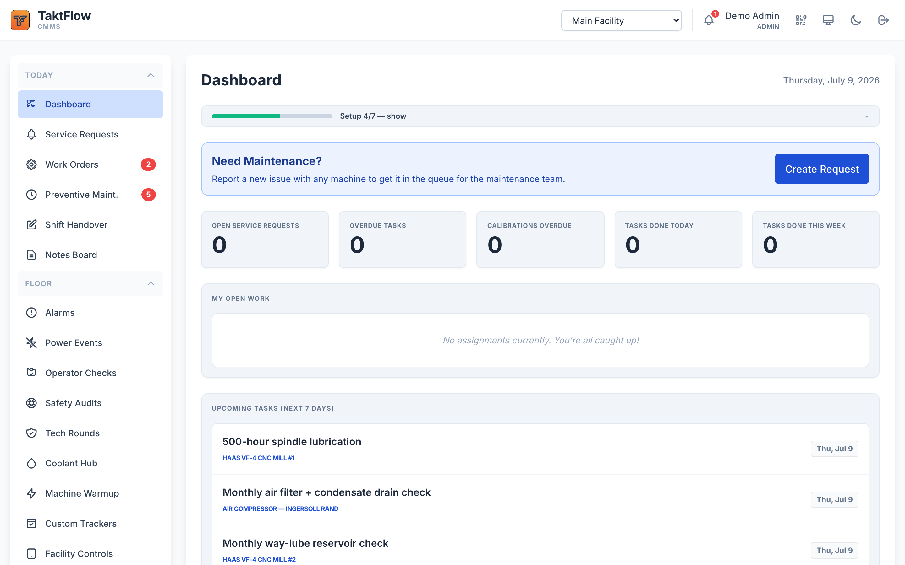 TaktFlow CMMS dashboard for machine shops